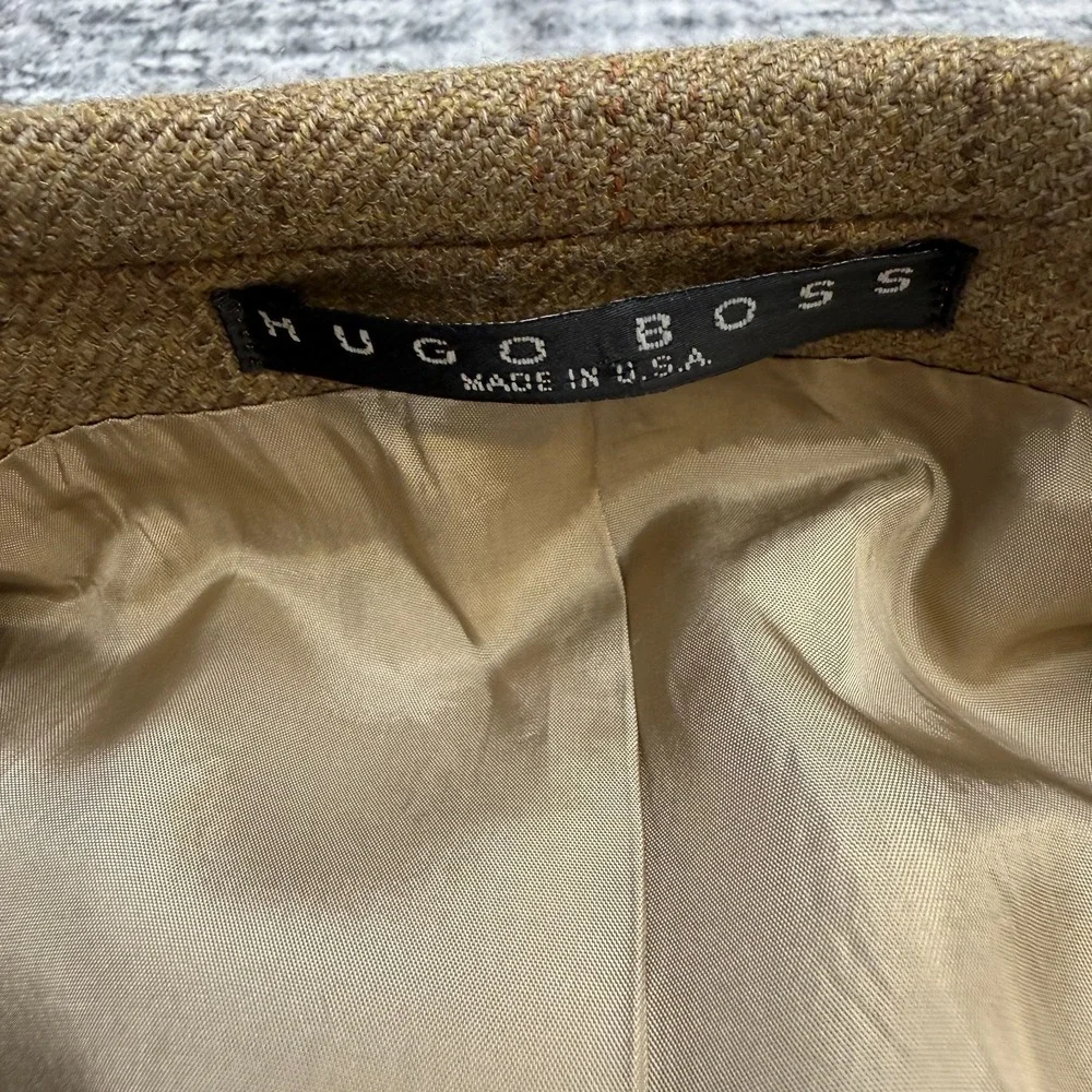 VTG Hugo BOSS Blazer Jacket Men 44L Brown Windowpane Cashmere Old Money Academia